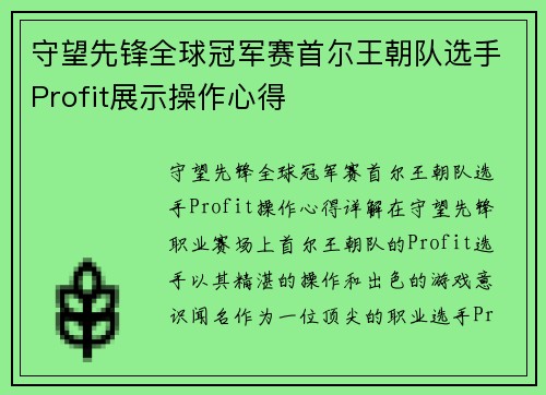 守望先锋全球冠军赛首尔王朝队选手Profit展示操作心得