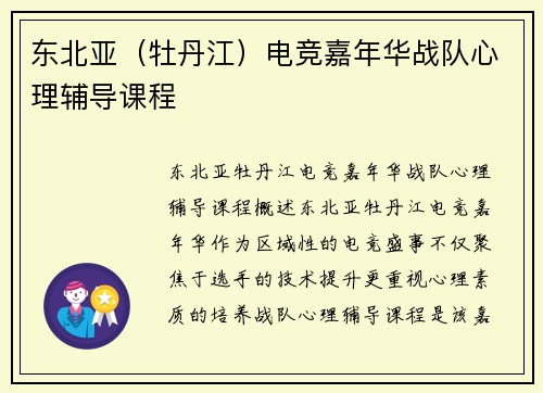 东北亚（牡丹江）电竞嘉年华战队心理辅导课程